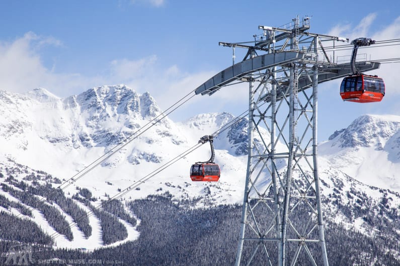 Whistler Blackcomb's Peak To Peak Gondola crosses from Whistler to Blackcomb in the background