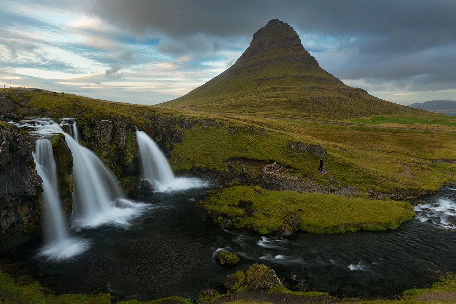 a 3 image hand blend of Kirkjufellsfoss and Kirkjufell Mountain in western Iceland. 